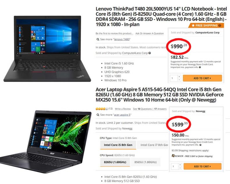 comparison thinkpad t480 aspire 5 laptops
