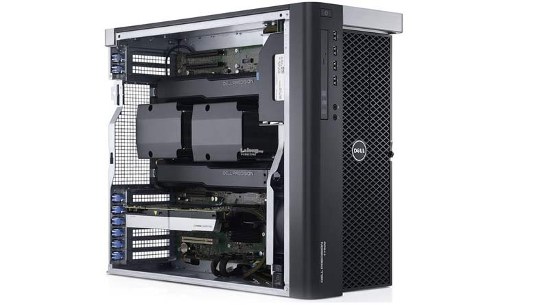 opened dell precision t5600 workstation with visible dual gpu and cpu setting