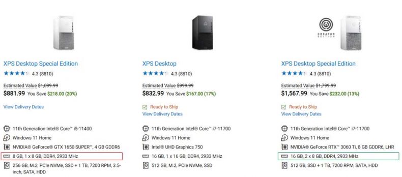 dell site with xps 8940 models configures with different variations of ram