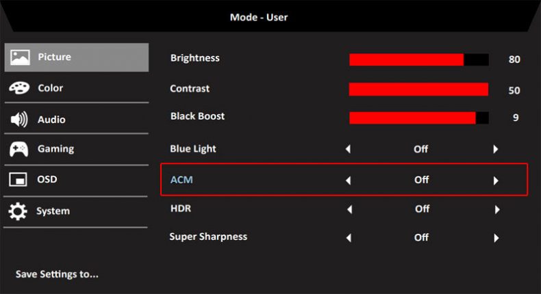 acm monitor setting menu