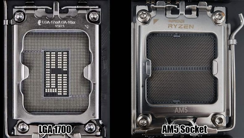 intel lga 1700 and amd am5 sockets compared side by side