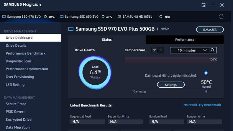 samsung magician main dashboard screen with all the SSD drive info