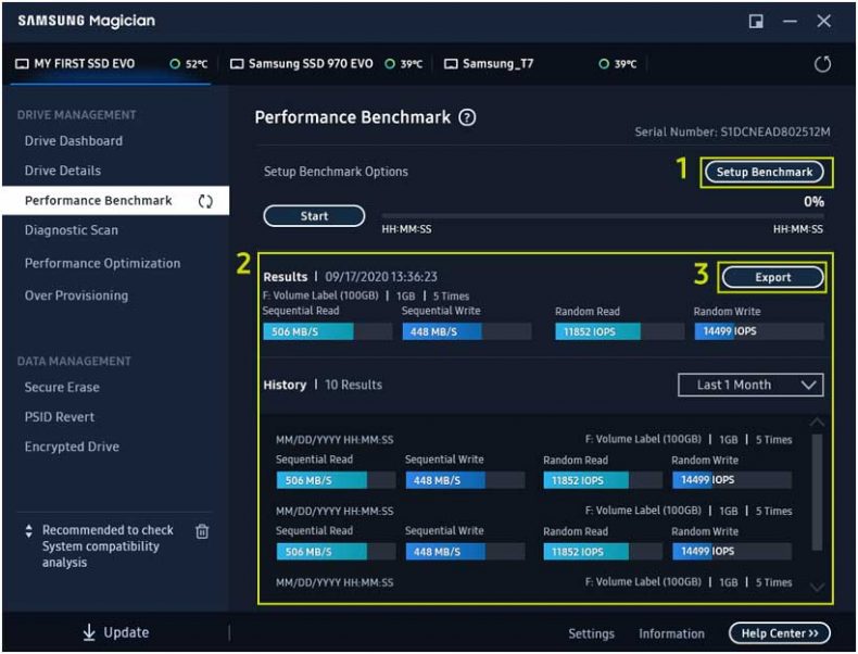 samsung magician performance benchmark screen