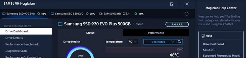 samsung magician app with ssd models listed at the top