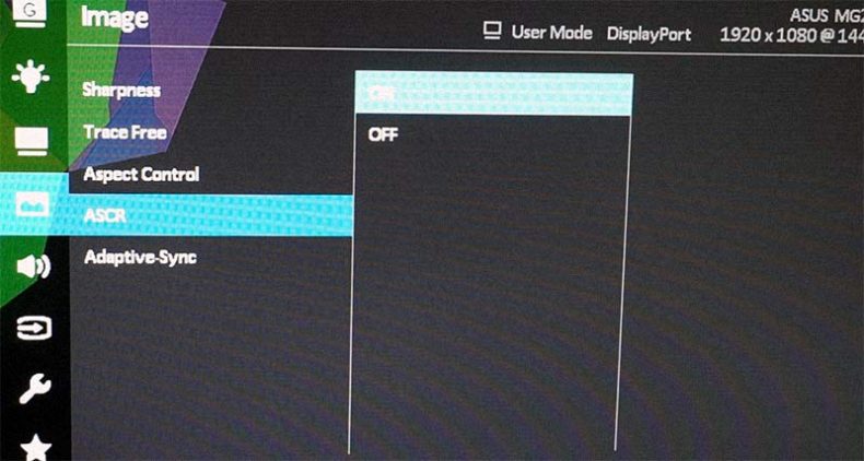 a screen capture of asus ascr setting on a monitor