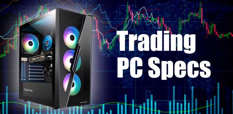 a trading pc with background of a stock carts