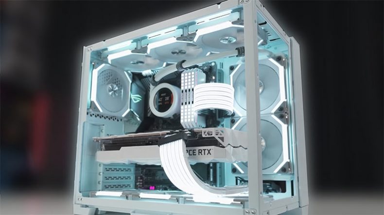 a pc gaming build with open case and visible internal parts like gpu cpu and memory