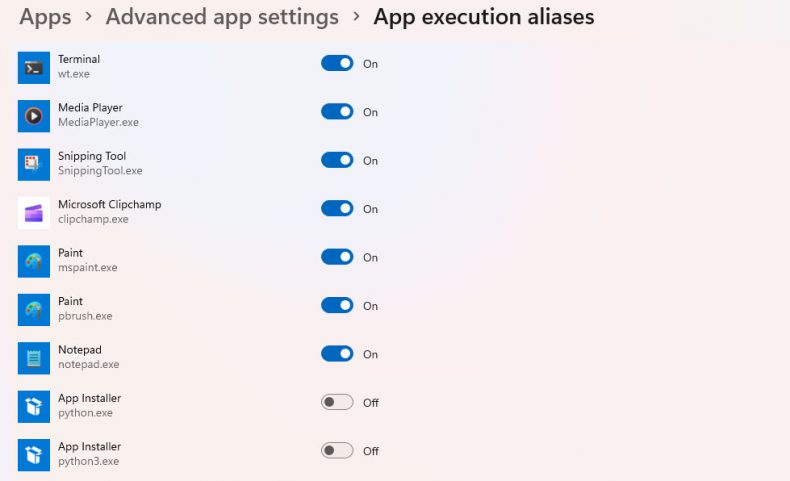 screenshot of windows app execution installer with python app installer disabled