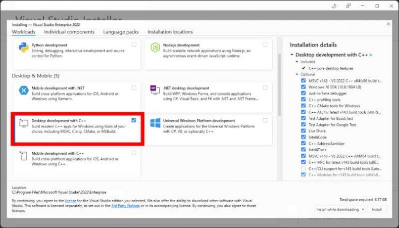 visual studio build tools 2022 installer with desktop development option selected