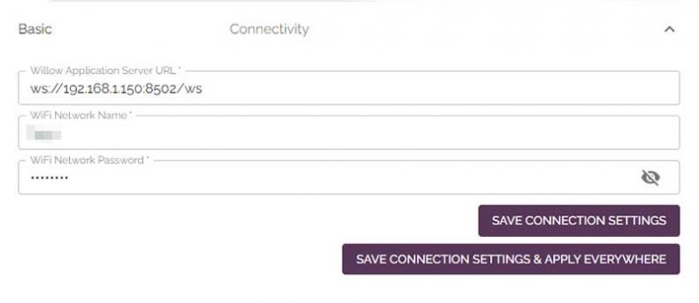willow connectivity screen for setting up was  url and wi-fi  credentials