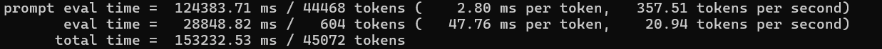screenshot of llama.cpp output results for running 44k tokens context with dual rtx 5060 ti 16gb