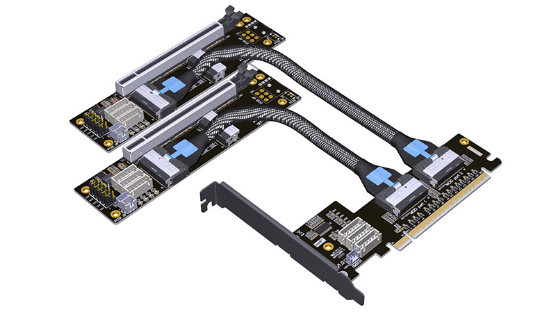 PCIe-MCIO bifurcation adapter that splits a single PCIe x16 slot into two x8 connections for multi-GPU or high-bandwidth expansion setups.