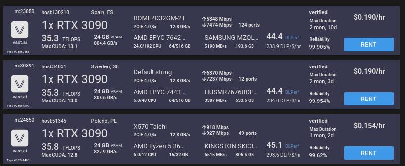 rtx 3090 gpu instances available for rent on vast ai