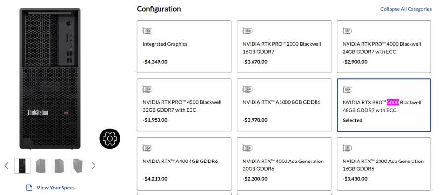 lenovo thinkstation p3 tower g3 listing with rtx pro 5000 blackwell 48gb vram