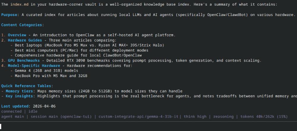 a screenshor of openclaw termina ui running with gemma4 31b llm on rtx 5090 gpu